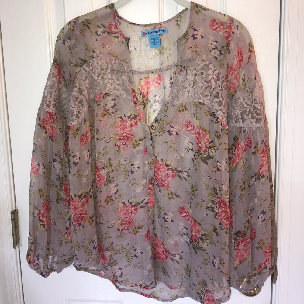 Sheer longsleeve blouse with lace accents